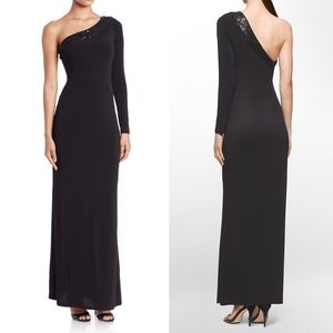 Calvin Klein Size 4 One Shoulder Black Sequins Evening Gown Long Cocktail Dress